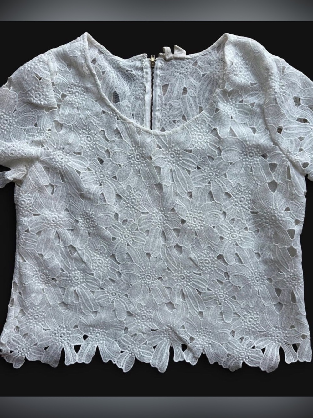 Japna White Floral Lace Short Sleeve Top with Scalloped Hem